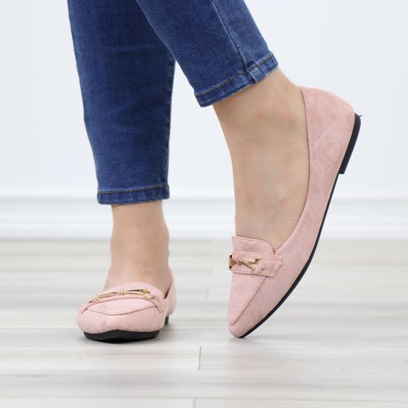 Pink Faux Suede Pointed Toe No Heel Flat Loafers Shoe Gold Accent Decor Slip On - Picture 11 of 14